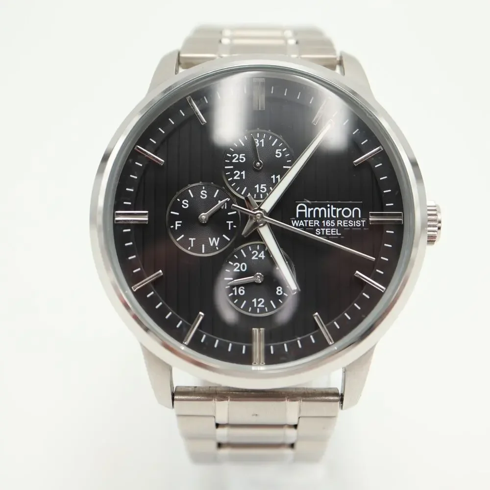 Armitron Silver Tone Mens 43mm Calendar Watch 24-hour Day Date w New Battery